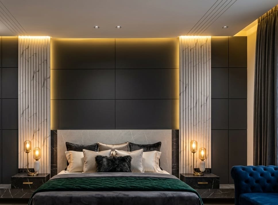 Charcoal panelled headboard flanked by backlit fluted marble columns