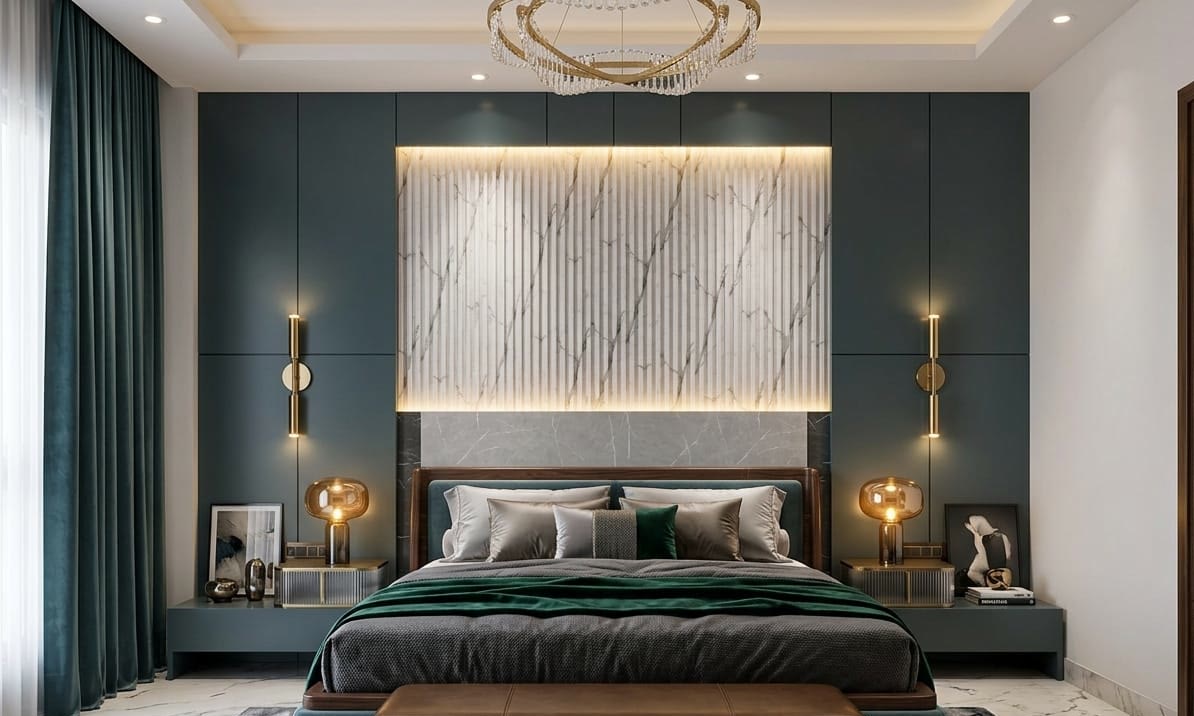 Fluted marble inset framed by deep teal wall panelling